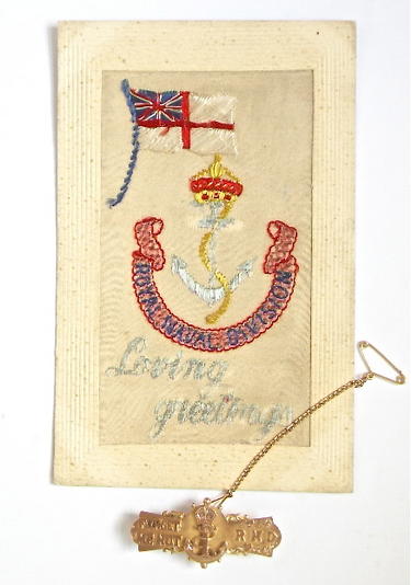 Royal Naval Division gold RND sweetheart brooch and silk postcard 