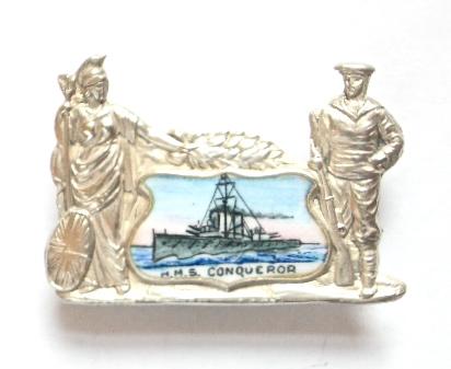Royal Navy Ship HMS Conqueror 1914 silver and enamel picture brooch