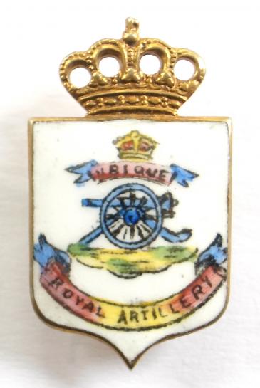 WW1 Royal Artillery Hand Painted Enamel Shield Sweetheart Brooch.