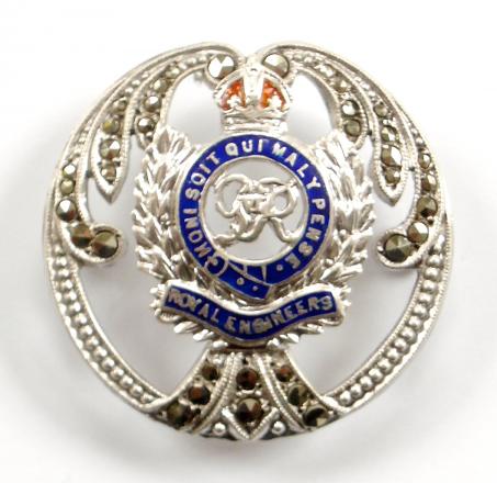 WW2 Royal Engineers Silver & Marcasite Regimental Sweetheart Brooch by Thomas Lynton Mott.