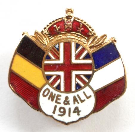 Britain France & Belgium united allies ONE & ALL 1914 patriotic flag brooch