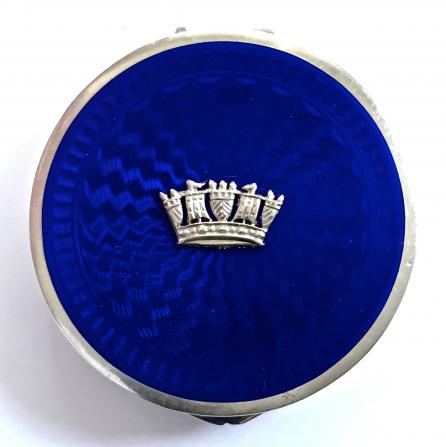 Royal Navy 1930 Hallmarked Silver, Vivid Blue Guilloche Enamel Naval Crowned Powder Compact.
