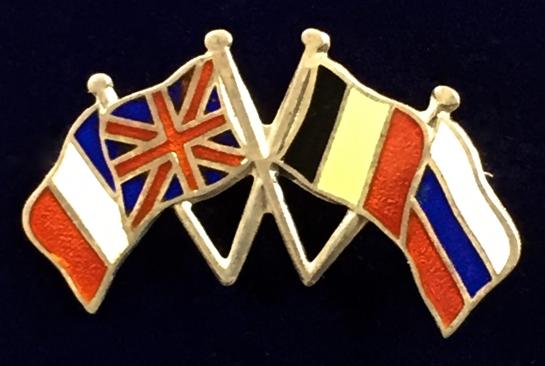 WW1 Britain France Russia & Belgium united allies silver patriotic flag brooch
