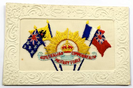 WW1 Australian Military Forces, Australia, Russia, France and Navy Red Ensign United Flags, Silk Embroidered Military Postcard.
