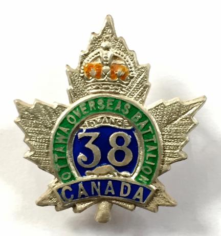 WW1 Canadian 38th Infantry Battalion, Canadian Expeditionary Force CEF Silver & Enamel Sweetheart Brooch by James Walter Tiptaft, Birmingham.