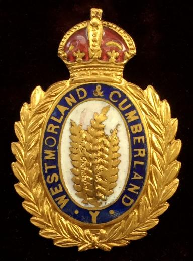 WW1 Westmorland & Cumberland Yeomanry Gilt & Enamel Sweetheart Brooch, PIN FITTINGS REMOVED.
