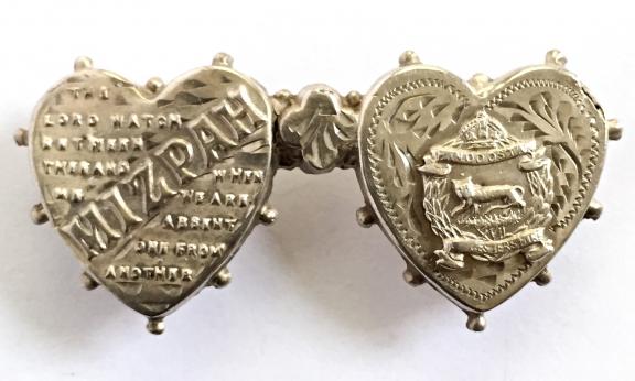 Leicestershire Regiment 1923 Hallmarked Silver Regimental Mizpah Hearts Sweetheart Brooch.
