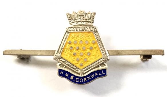 Royal Navy Ship H.M.S. Cornwall Silver & Enamel Sweetheart Bar Brooch sunk by the Japanese in 1942.