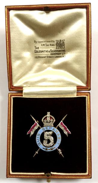 5th Royal Irish Lancers Gold, Platinum & Diamond Regimental Brooch by Goldsmiths & Silversmith Company, London, Housed in its Original Case.