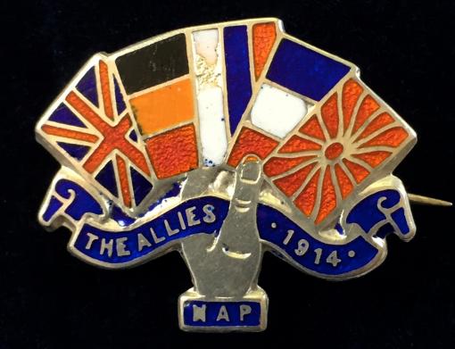 Napoleon Card Game Britain Belgium Russia France & Japan 1914 silver patriotic flag brooch