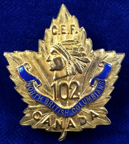 WW1 Canadian Expeditionary Force 102nd Battalion North British Columbians CEF Sweetheart Brooch / Collar Badge Without Overseas Scroll.