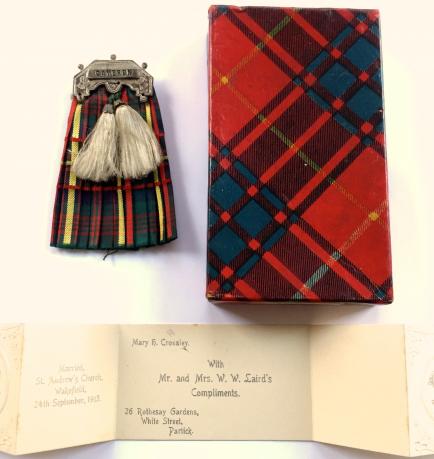 Cameron Highlanders Scottish Kilt Sporran Brooch in Presentation Case with Compliments from 1913 Newlyweds.