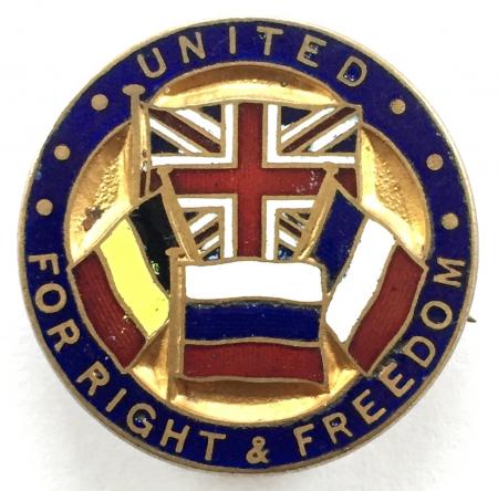 WW1 'United For Right & Freedom' Britain France Belgium & Russia united allies patriotic flag brooch