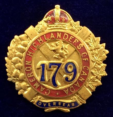 WW1 179th Overseas Battalion, Cameron Highlanders of Canada CEF Sweetheart Brooch, WITHOUT PIN FITTINGS.