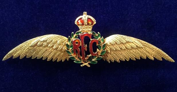 WW1 Royal Flying Corps gold & enamel RFC pilot's wing brooch