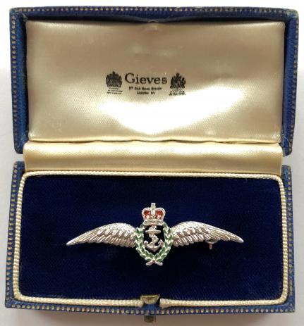 EIIR Royal Navy, Fleet Air Arm Silver & Enamel Pilot's Wing Brooch with Gieves Presentation Case.