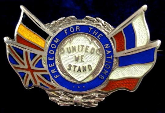'United We Stand' Britain France Belgium Russian flags patriotic 1914 silver brooch