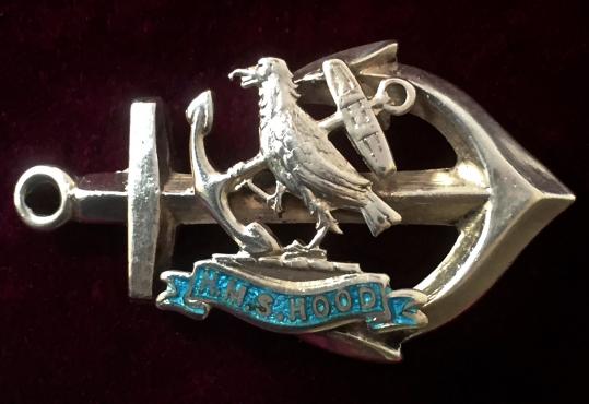 'H.M.S. Hood' Royal Navy Silver & Enamel Anchor Sweetheart Brooch.