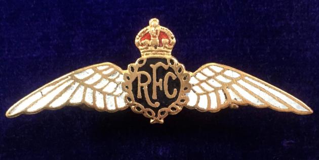 WW1 'Royal Flying Corps' Pilot's Wing, Gilt & Enamel Antique RFC Sweetheart Brooch.