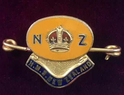 WW1 Royal Navy Ship HMS New Zealand, Gold & Enamel Sweetheart Brooch.