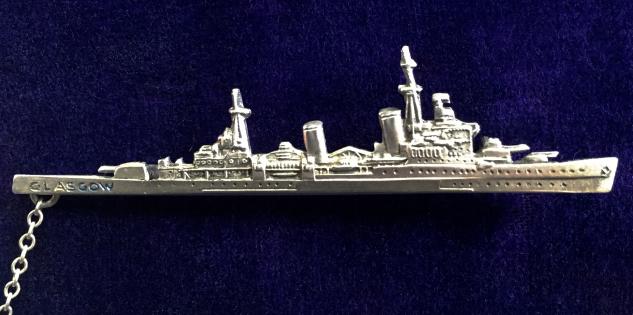 Royal Navy HMS Glasgow ( C21) Light Cruiser Ship Silhouette Silver Sweetheart Brooch, Commissioned 1937 Scrapped 1958.