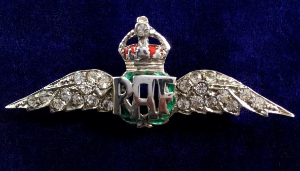 WW2 Royal Air Force Diamanté Silver and Enamel Pilot's Wing RAF Sweetheart Brooch.