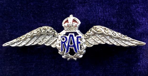 WW2 Royal Air Force Pilot's Wing Silver & Marcasite RAF Sweetheart Brooch by T.L.Mott England.