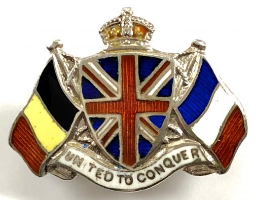 WW1 Britain France & Belgium united to conquer patriotic flag silver brooch