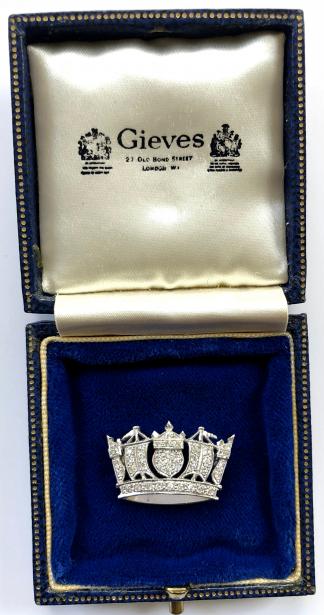 EIIR Royal Navy & Merchant Services Gold and Diamond Set Naval Crown Brooch in Gieves Presentation Case.