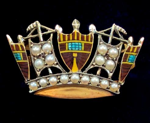 EIIR Royal Navy and Merchant Services 1987 9 Carat Gold Hallmarked Pearl and Enamel Nautical Crown Brooch.