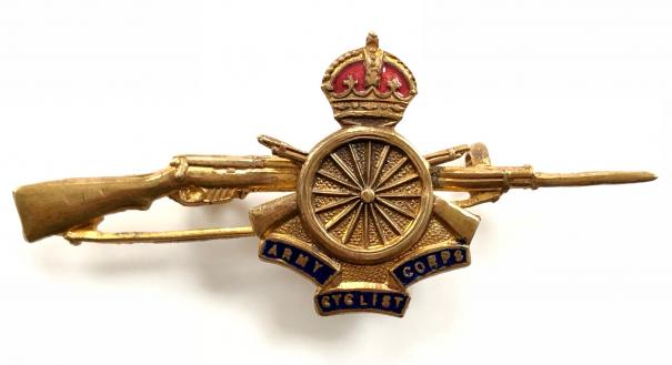 WWI Army Cyclist Corps Gilt and Enamel Rifle Sweetheart Brooch.