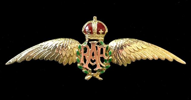 Royal Air Force pilot's wing gold and enamel RAF sweetheart brooch