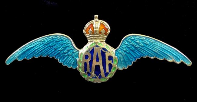 WW2 Royal Air Force pilot's wing silver guilloche enamel RAF sweetheart brooch