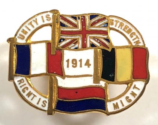 1914 Unity is Strength Britain France Belgium Russia patriotic flag badge