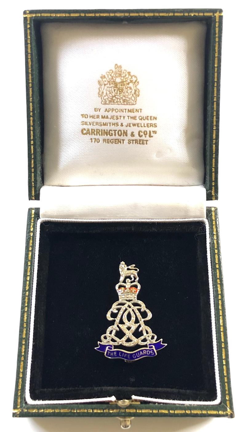 The Life Guards diamante silver regimental brooch Carrington & Co cased