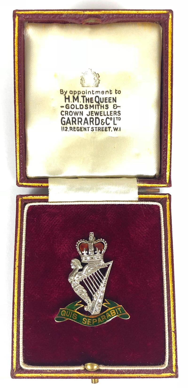 Royal Ulster Rifles 1966 Hallmarked Gold & Diamond Regimental Brooch by Garrard & Co, London.