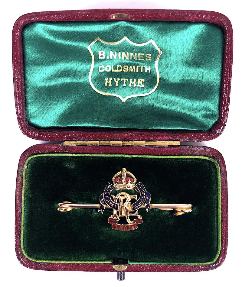 WW1 Royal Engineers Gold & Enamel 'RE' Monogram Brooch in Presentation Case